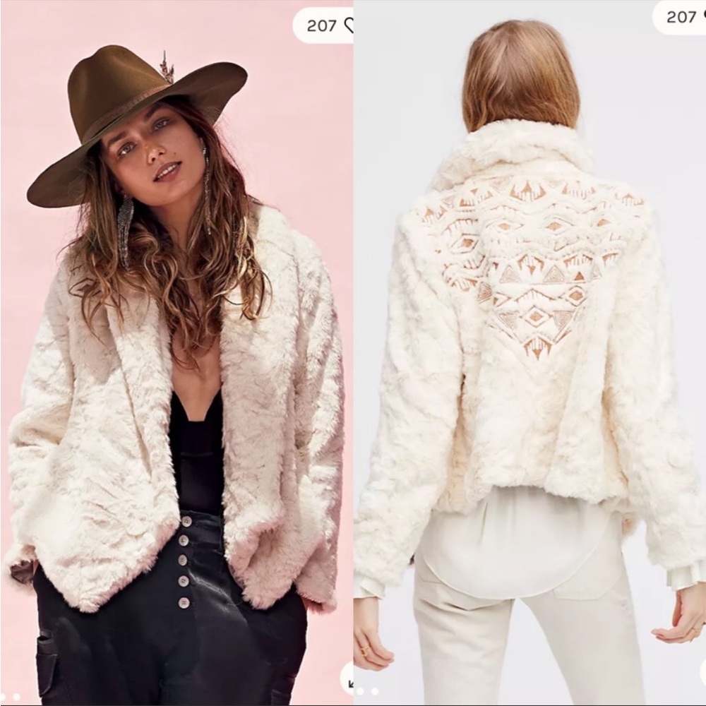 ✨FREE PEOPLE✨ Embroidered Cascade Faux Fur Jacket Small